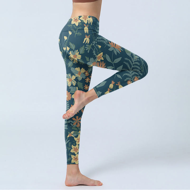 Buddha Stones Lässige Gänseblümchen-Blumen-Blätter-Druck-Gymnastik-Fitness-Leggings Damen-Yogahose