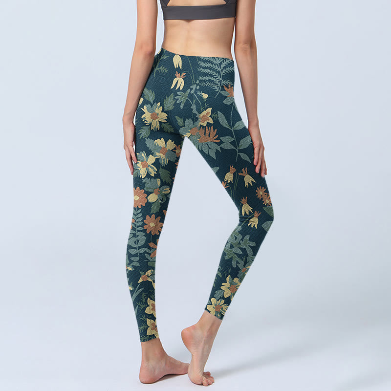 Buddha Stones Lässige Gänseblümchen-Blumen-Blätter-Druck-Gymnastik-Fitness-Leggings Damen-Yogahose