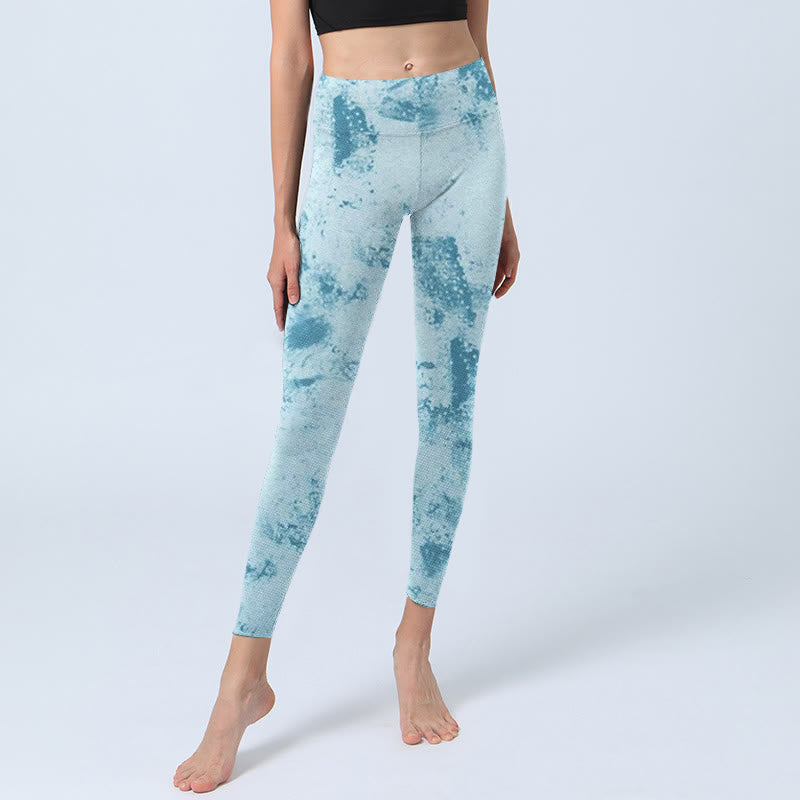 Buddha Stones Hellblaue Batik-Leggings für Damen im Fitness-Studio mit Yoga-Aufdruck