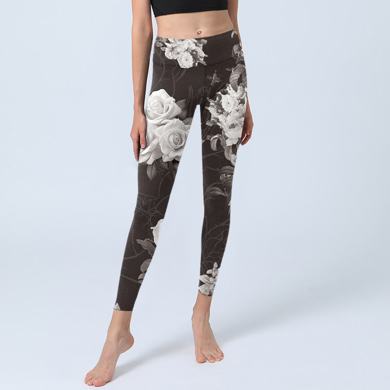 Buddha Stones Grau Weiß Rose Print Gym Fitness Leggings Damen Yogahose - image 6