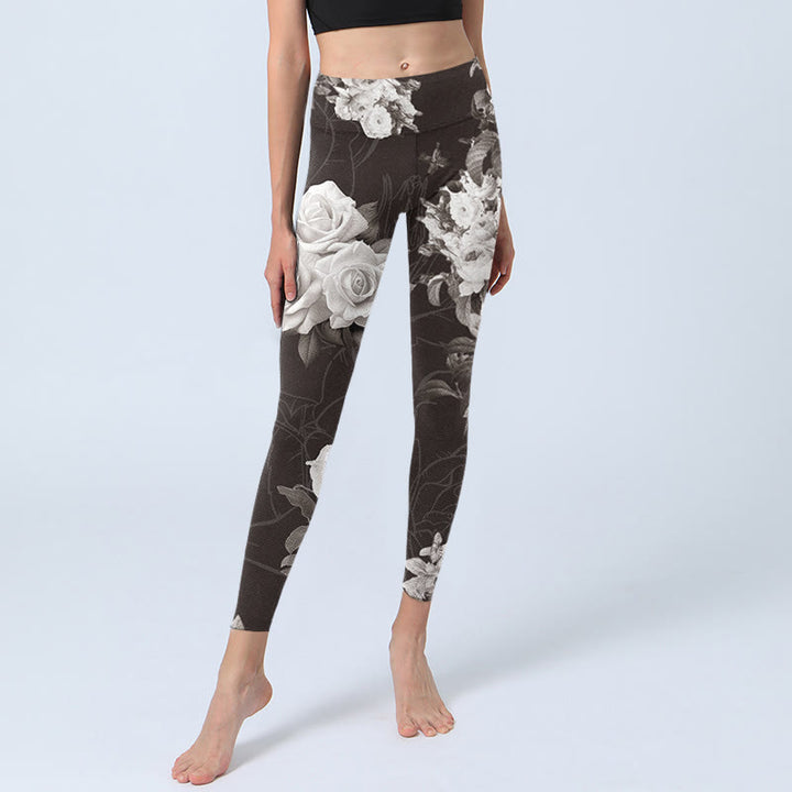 Buddha Stones Grau Weiß Rose Print Gym Fitness Leggings Damen Yogahose - image 6