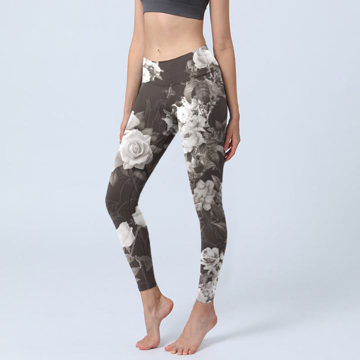 Buddha Stones Grau Weiß Rose Print Gym Fitness Leggings Damen Yogahose