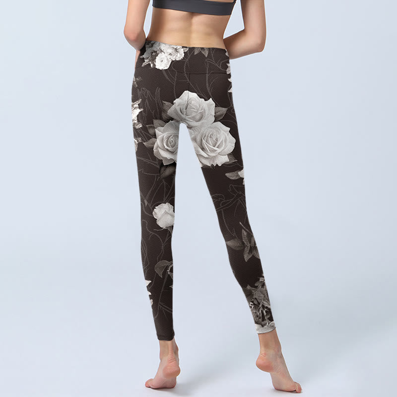 Buddha Stones Grau Weiß Rose Print Gym Fitness Leggings Damen Yogahose