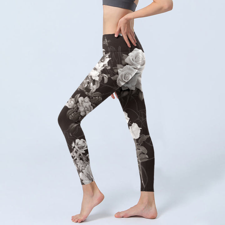 Buddha Stones Grau Weiß Rose Print Gym Fitness Leggings Damen Yogahose