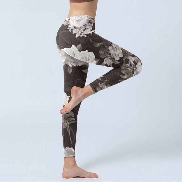 Buddha Stones Grau Weiß Rose Print Gym Fitness Leggings Damen Yogahose