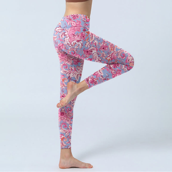 Buddha Stones Rosa Blumen Druck Gym Fitness Leggings Damen Yoga Hose