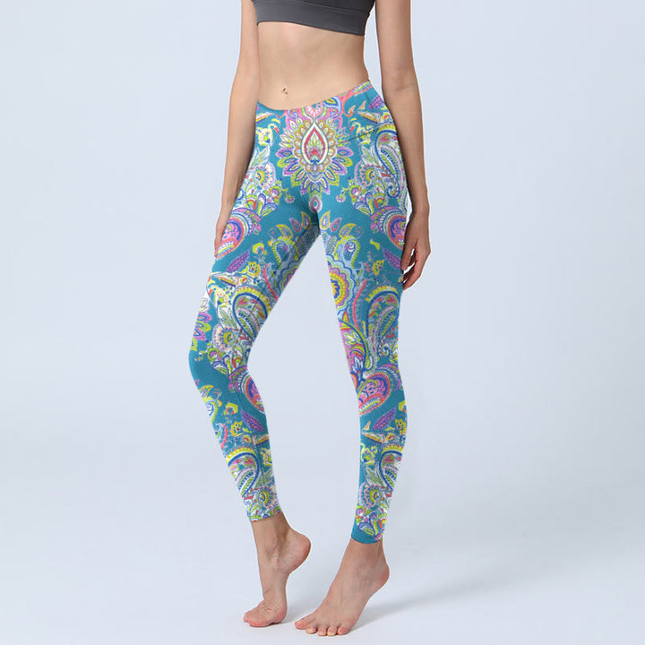 Buddha Stones ​​Blau Rosa Grün Blumendruck Gym Fitness Leggings Damen Yogahose - HellHimmelBlau - US18， UK/AU22，EU50 (4XL) - image 1