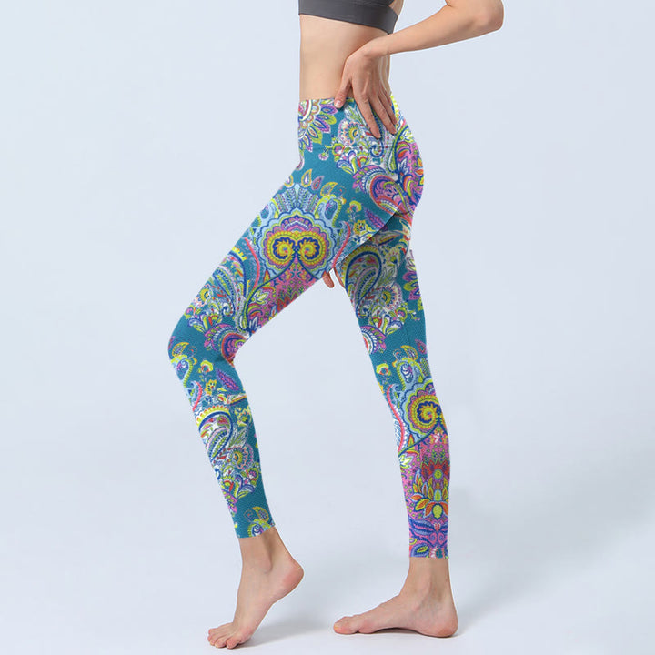 Buddha Stones Blau Rosa Grün Blumendruck Gym Fitness Leggings Damen Yogahose