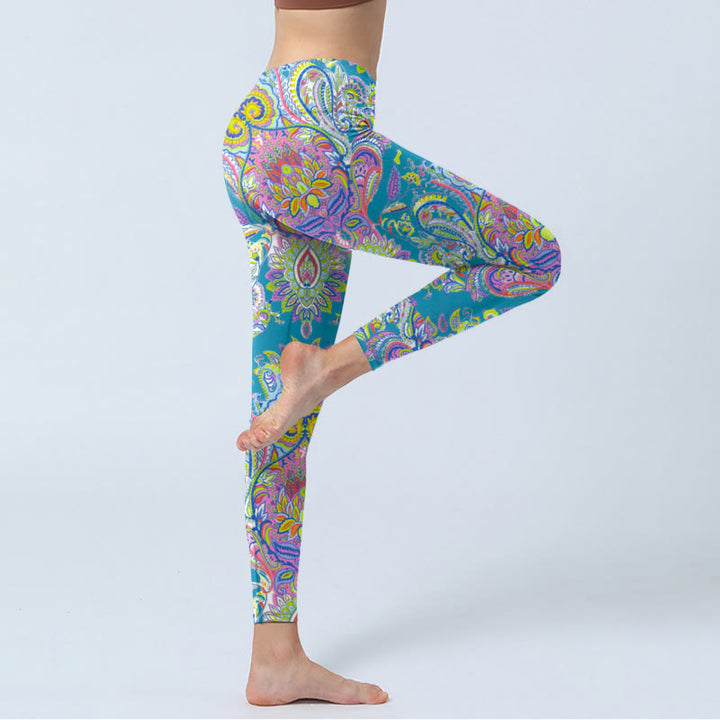 Buddha Stones Blau Rosa Grün Blumendruck Gym Fitness Leggings Damen Yogahose