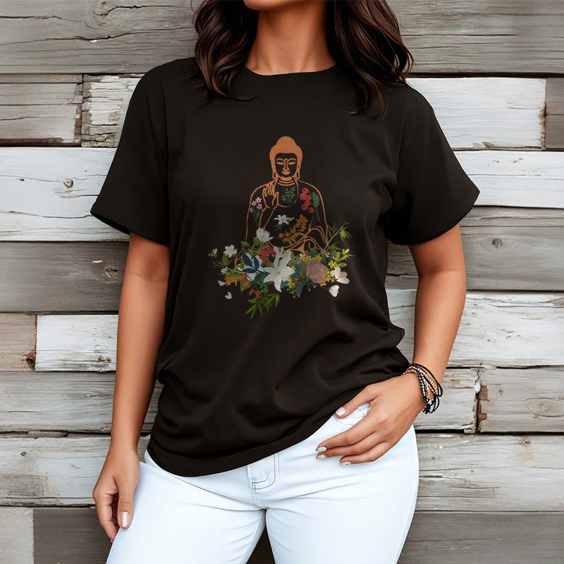 Buddha Stones ​​Meditieren Buddha Blühende Blumen Muster T T-shirt - image 3