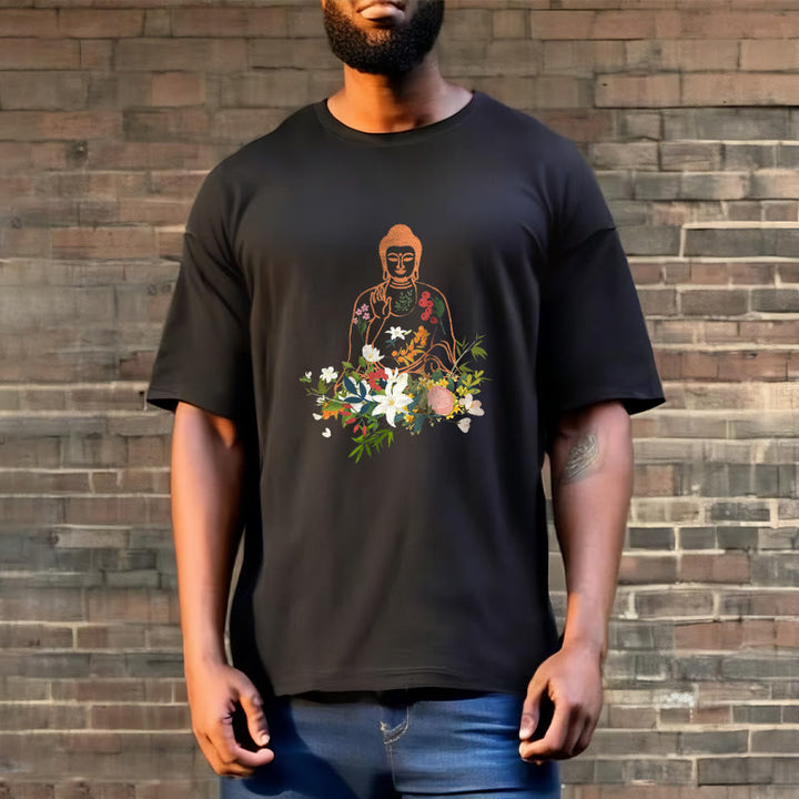 Buddha Stones ​​Meditieren Buddha Blühende Blumen Muster T T-shirt - image 2