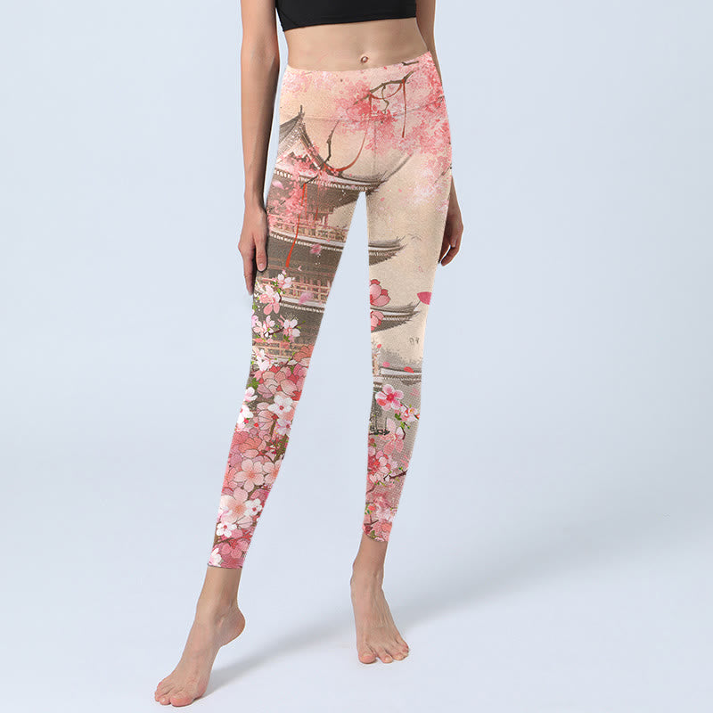 Buddha Stones Rosa Sakura Antike Gebäude Druck Fitness Leggings frauen Yoga Hosen