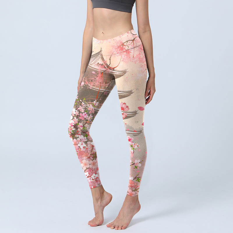 Buddha Stones ​​Rosa Sakura Antike Gebäude Druck Fitness Leggings frauen Yoga Hosen - Lavendel-Rouge - US18, UK/AU22, EU50 (4XL) - image 0