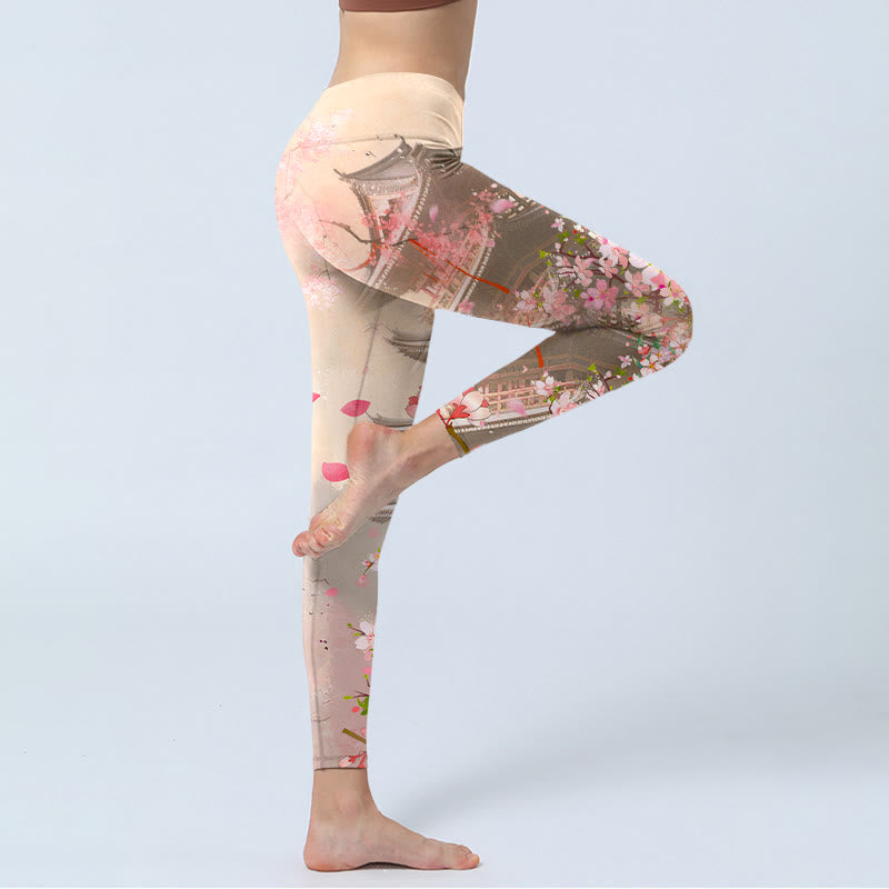 Buddha Stones Rosa Sakura Antike Gebäude Druck Fitness Leggings frauen Yoga Hosen