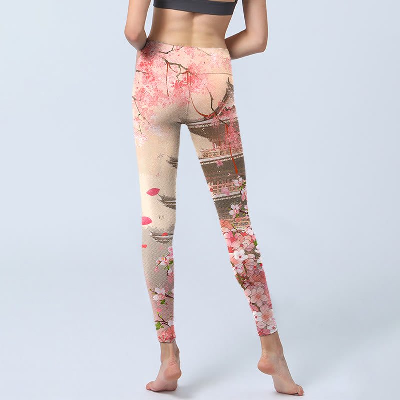 Buddha Stones Rosa Sakura Antike Gebäude Druck Fitness Leggings frauen Yoga Hosen