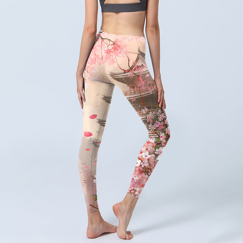 Buddha Stones Rosa Sakura Antike Gebäude Druck Fitness Leggings frauen Yoga Hosen