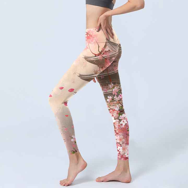 Buddha Stones Rosa Sakura Antike Gebäude Druck Fitness Leggings frauen Yoga Hosen