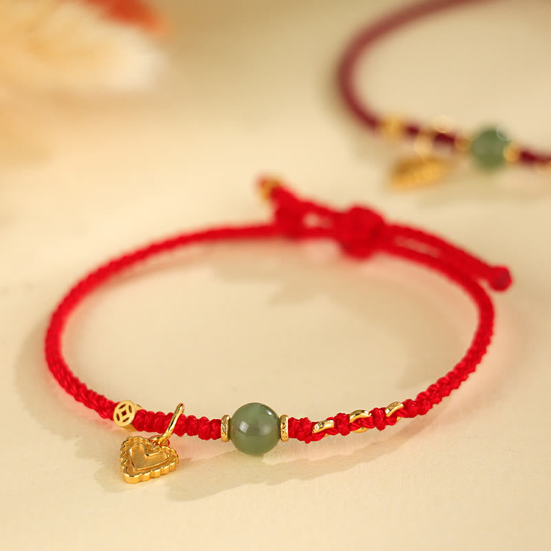 Buddha Stones 925 Sterling Silber Hetian Jade Perle Kupfer Münze Liebe Herz Charm Glück Armband - Rotes Seil (Handgelenkumfang: 14-16 cm) - image 0