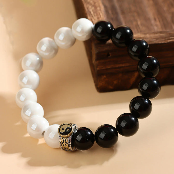 Armband mit Buddha Stones , schwarzem Obsidian und weißen Porzellanperlen, Yin und Yang, Erfüllung