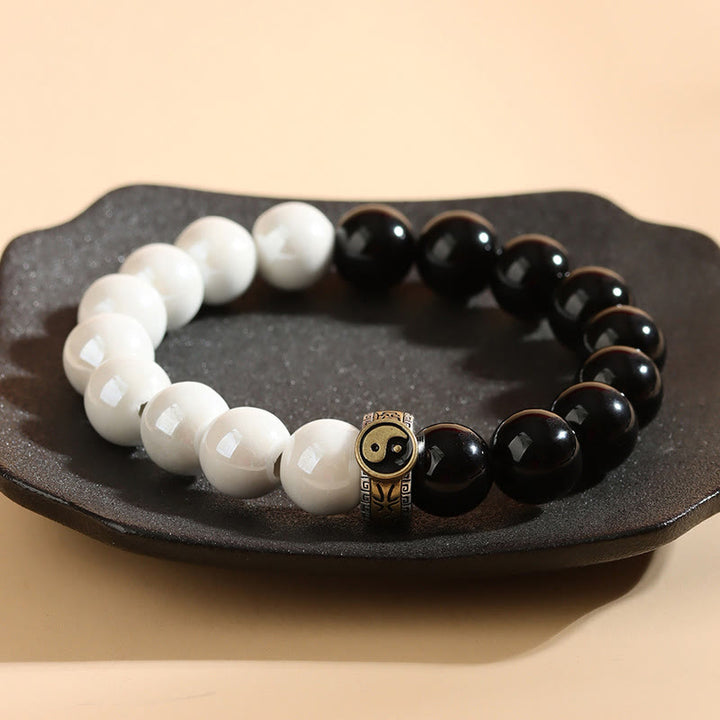 Armband mit Buddha Stones , schwarzem Obsidian und weißen Porzellanperlen, Yin und Yang, Erfüllung