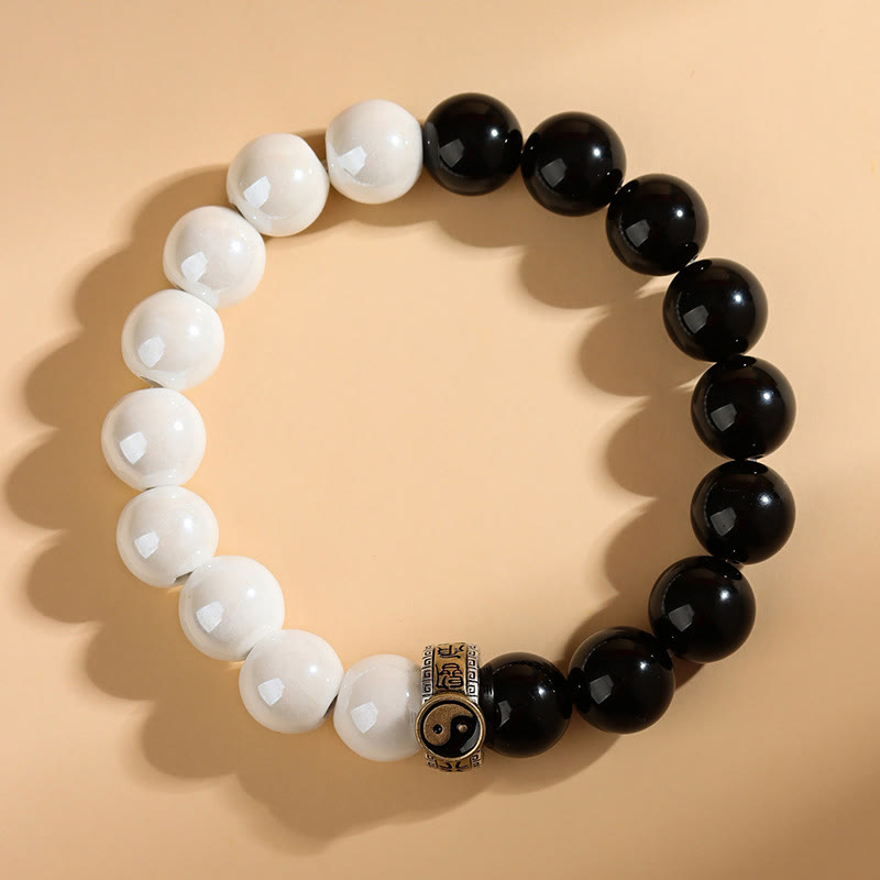 Armband mit Buddha Stones , schwarzem Obsidian und weißen Porzellanperlen, Yin und Yang, Erfüllung