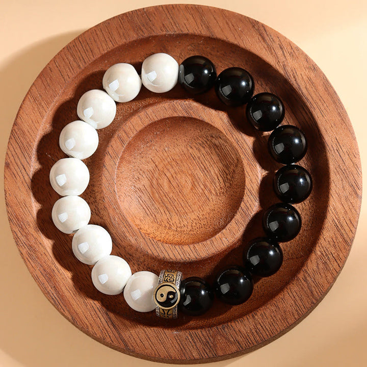 Armband mit Buddha Stones , schwarzem Obsidian und weißen Porzellanperlen, Yin und Yang, Erfüllung