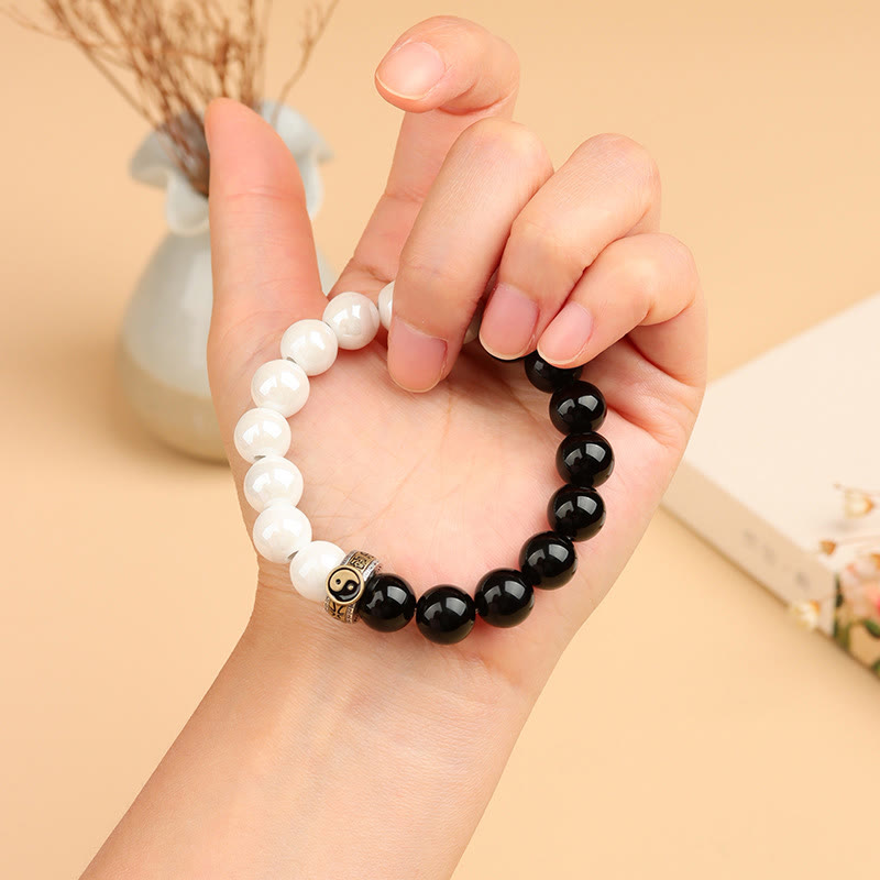 Armband mit Buddha Stones , schwarzem Obsidian und weißen Porzellanperlen, Yin und Yang, Erfüllung