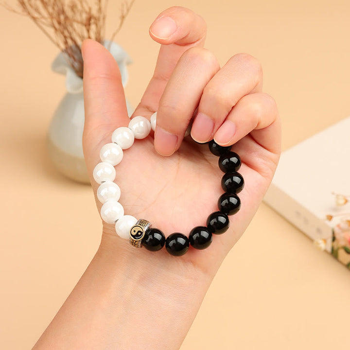 Armband mit Buddha Stones , schwarzem Obsidian und weißen Porzellanperlen, Yin und Yang, Erfüllung