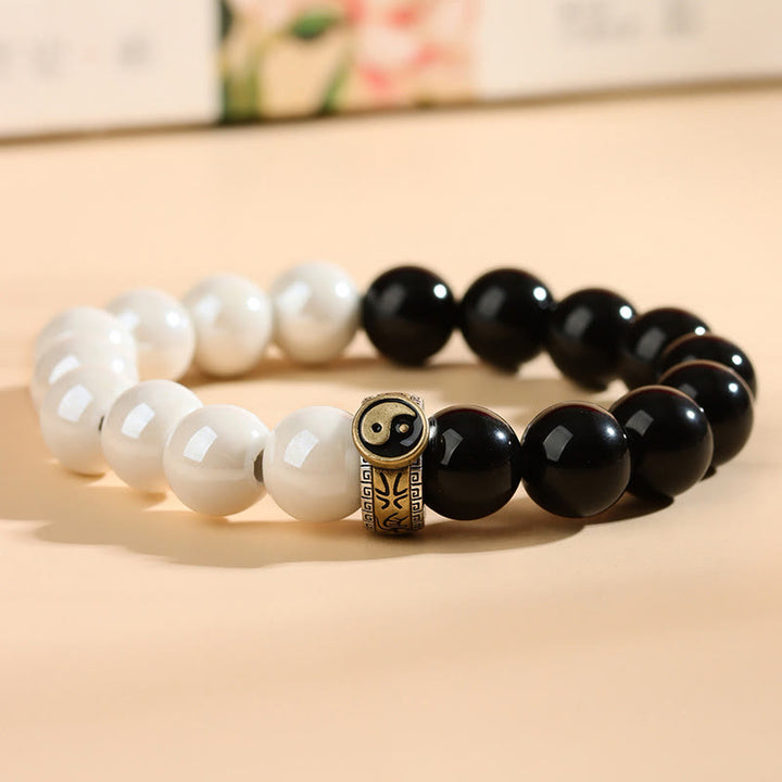 Armband mit Buddha Stones , schwarzem Obsidian und weißen Porzellanperlen, Yin und Yang, Erfüllung