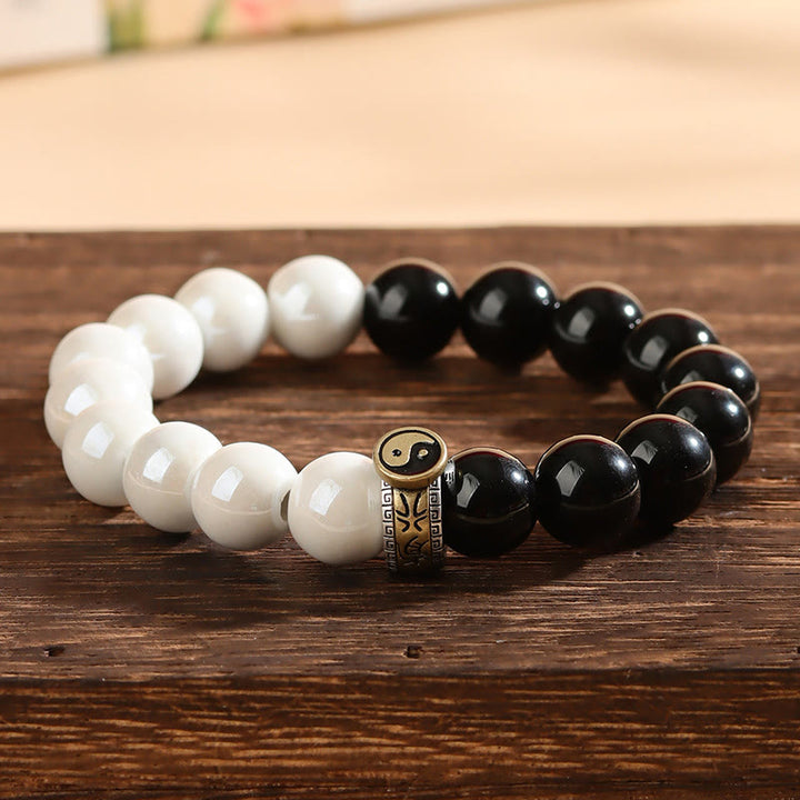 Armband mit Buddha Stones , schwarzem Obsidian und weißen Porzellanperlen, Yin und Yang, Erfüllung