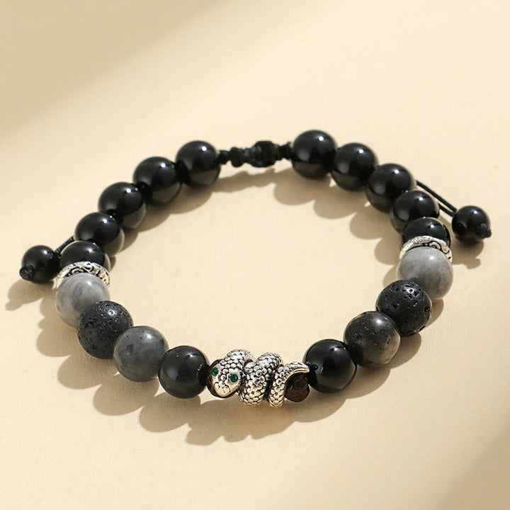 Buddha Stones Armband „Jahr der Schlange“ aus 999er Sterlingsilber mit schwarzem Glitzerstein, weißem Türkis und schwarzem Onyx