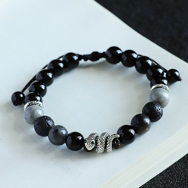 Buddha Stones Armband „Jahr der Schlange“ aus 999er Sterlingsilber mit schwarzem Glitzerstein, weißem Türkis und schwarzem Onyx