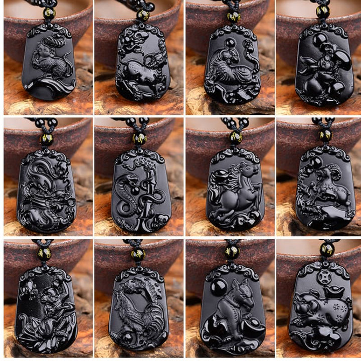 Halskette mit Anhänger Buddha Stones Chinese Zodiac Obsidian Reinigung Erfüllung