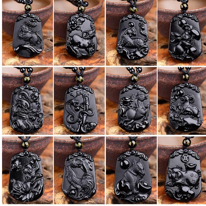 Halskette mit Anhänger Buddha Stones Chinese Zodiac Obsidian Reinigung Erfüllung