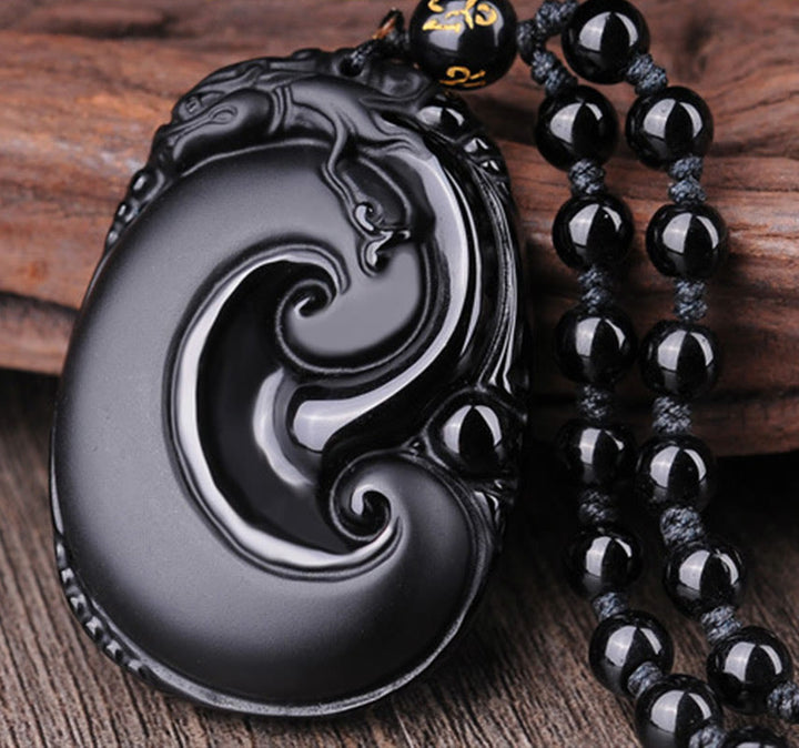 Buddha Stones , natürlicher schwarzer Obsidian, PiXiu, ovales Muster, Stärke-Halskettenanhänger