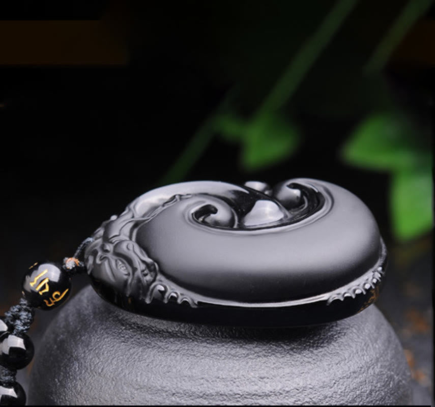 Buddha Stones , natürlicher schwarzer Obsidian, PiXiu, ovales Muster, Stärke-Halskettenanhänger - image 8