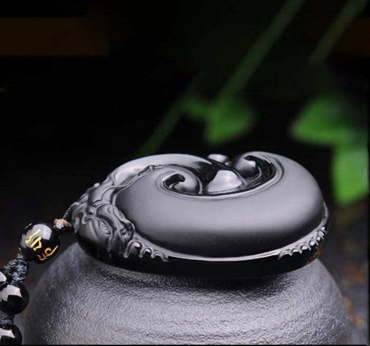 Buddha Stones , natürlicher schwarzer Obsidian, PiXiu, ovales Muster, Stärke-Halskettenanhänger - image 8