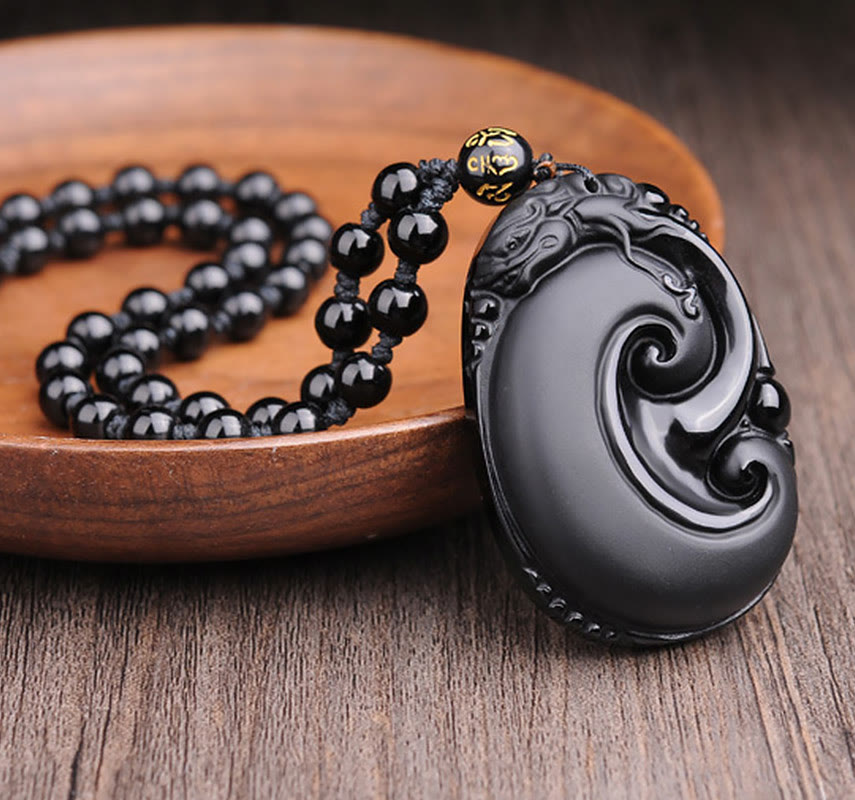 Buddha Stones , natürlicher schwarzer Obsidian, PiXiu, ovales Muster, Stärke-Halskettenanhänger