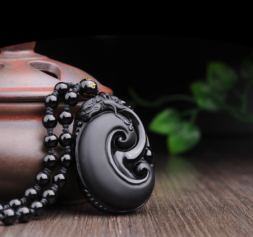 Buddha Stones , natürlicher schwarzer Obsidian, PiXiu, ovales Muster, Stärke-Halskettenanhänger - image 9