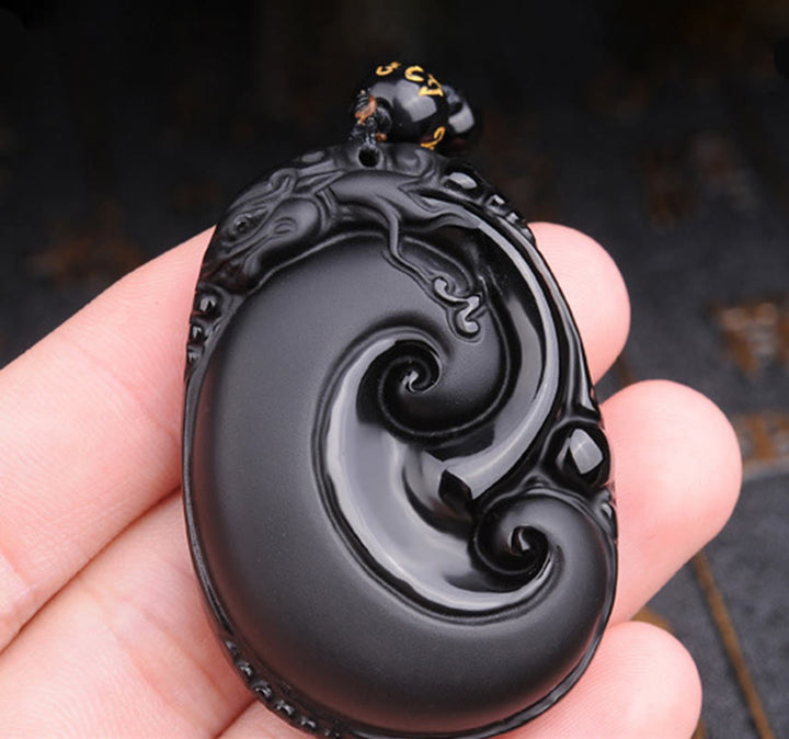 Buddha Stones , natürlicher schwarzer Obsidian, PiXiu, ovales Muster, Stärke-Halskettenanhänger