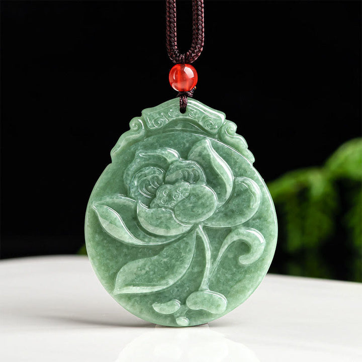 Buddha Stones Runde Lotus Muster Jade Fülle Wohlstand Halskette Seil Anhänger