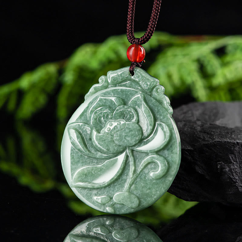 Buddha Stones Runde Lotus Muster Jade Fülle Wohlstand Halskette Seil Anhänger