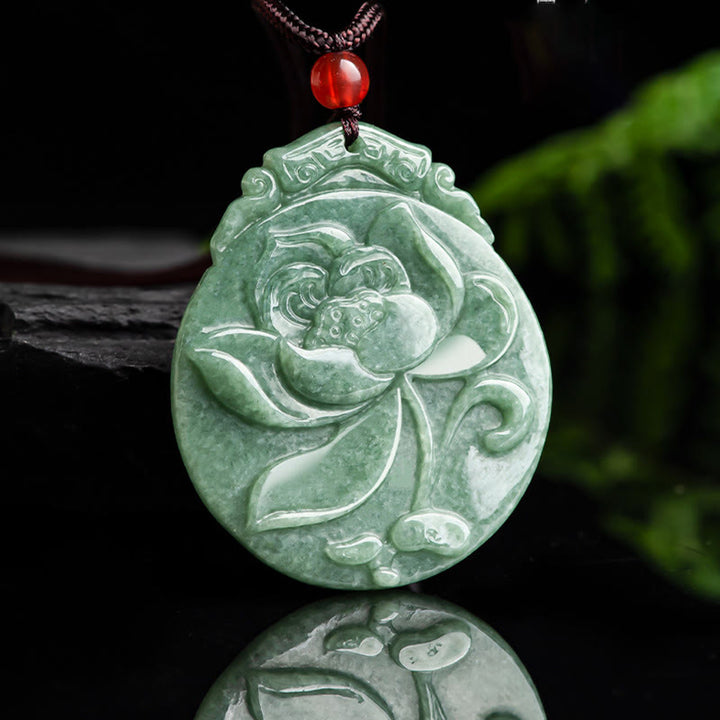 Buddha Stones Runde Lotus Muster Jade Fülle Wohlstand Halskette Seil Anhänger