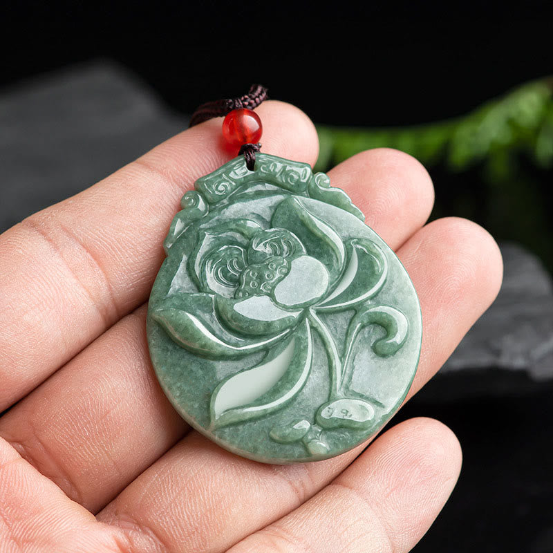 Buddha Stones Runde Lotus Muster Jade Fülle Wohlstand Halskette Seil Anhänger