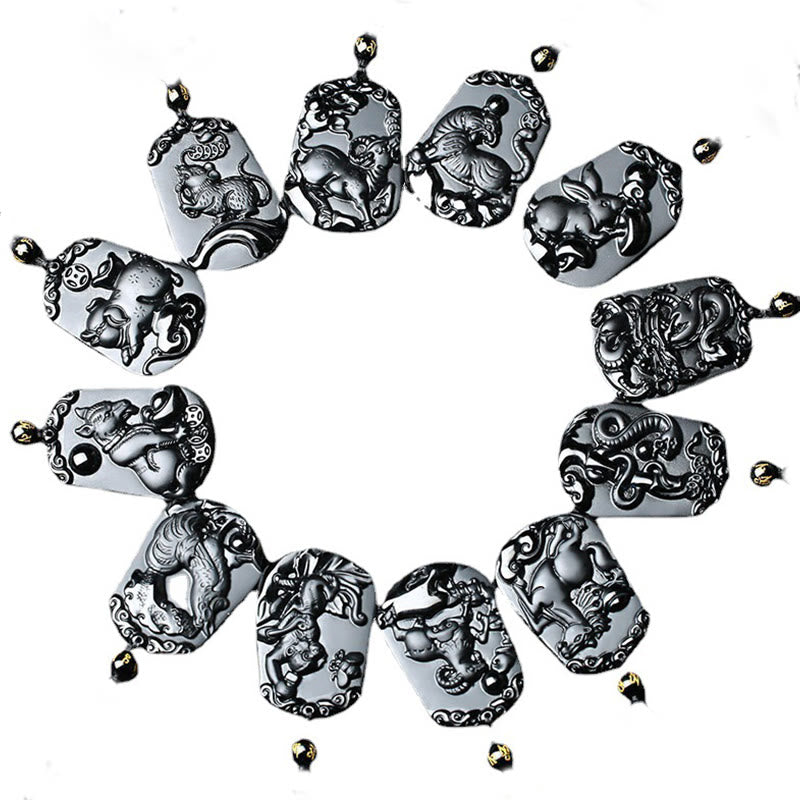 Halskette mit Anhänger Buddha Stones Chinese Zodiac Obsidian Reinigung Erfüllung