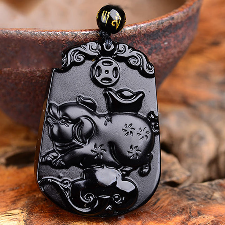 Halskette mit Anhänger Buddha Stones Chinese Zodiac Obsidian Reinigung Erfüllung