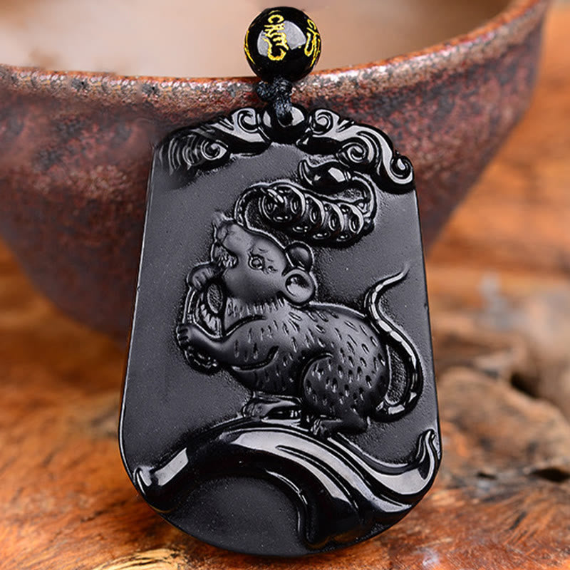 Halskette mit Anhänger Buddha Stones Chinese Zodiac Obsidian Reinigung Erfüllung