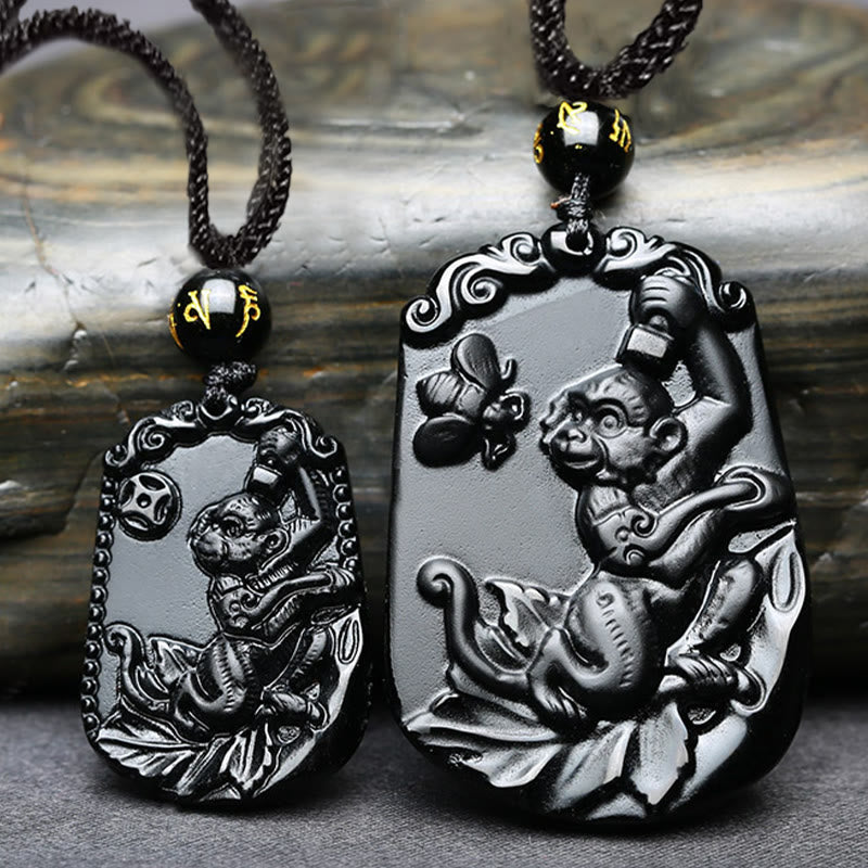 Halskette mit Anhänger Buddha Stones Chinese Zodiac Obsidian Reinigung Erfüllung