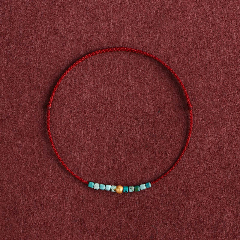 Buddha Stones ​​999 Gold Perlen Türkis Schutz geflochtenes Armband Fußkettchen - Dunkelrotes Seil - Fußkettchen (Umfang 18-30 cm) - image 0