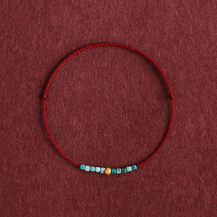 Buddha Stones ​​999 Gold Perlen Türkis Schutz geflochtenes Armband Fußkettchen - Dunkelrotes Seil - Fußkettchen (Umfang 18-30 cm) - image 0